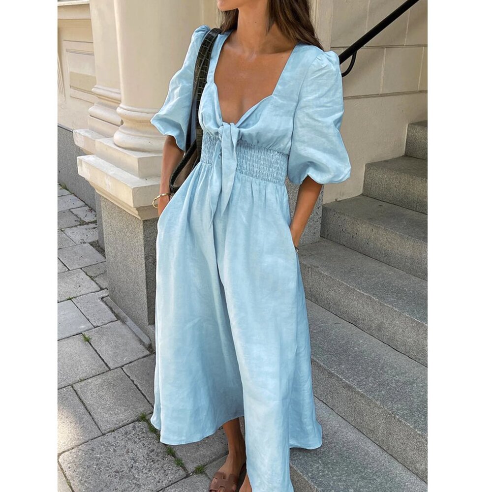 COMMENSE Linen Cotton Front Tie Midi Dress in Blue Size Small NWT